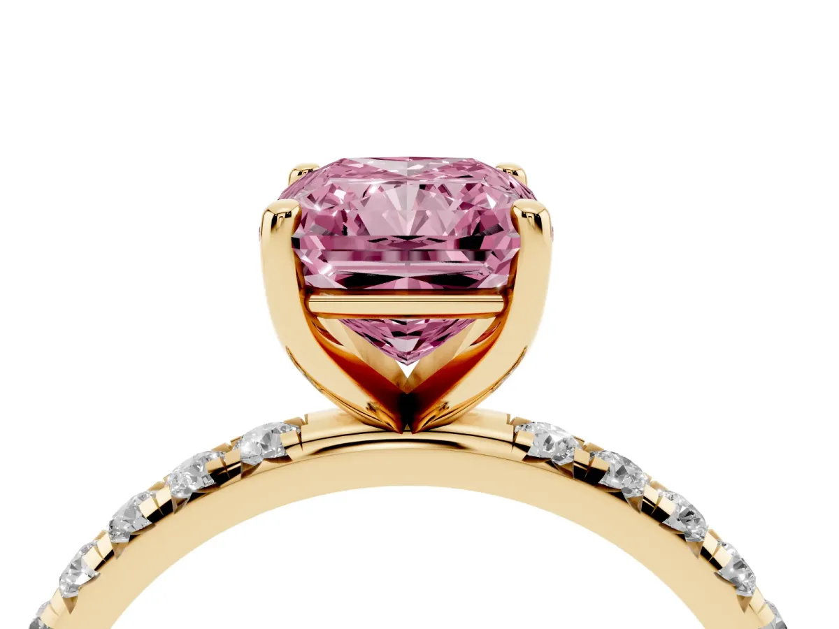 Fancy Pink Radiant Cut Cut Diamond Solitaire Ring with Micro Pave Band and Four Prong Setting Yellow gold