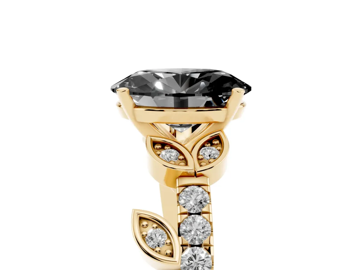 Fancy Black Oval Cut Solitaire Leaf-Inspired Diamond Ring with Pavé Band and Four-Prong Setting Yellow gold