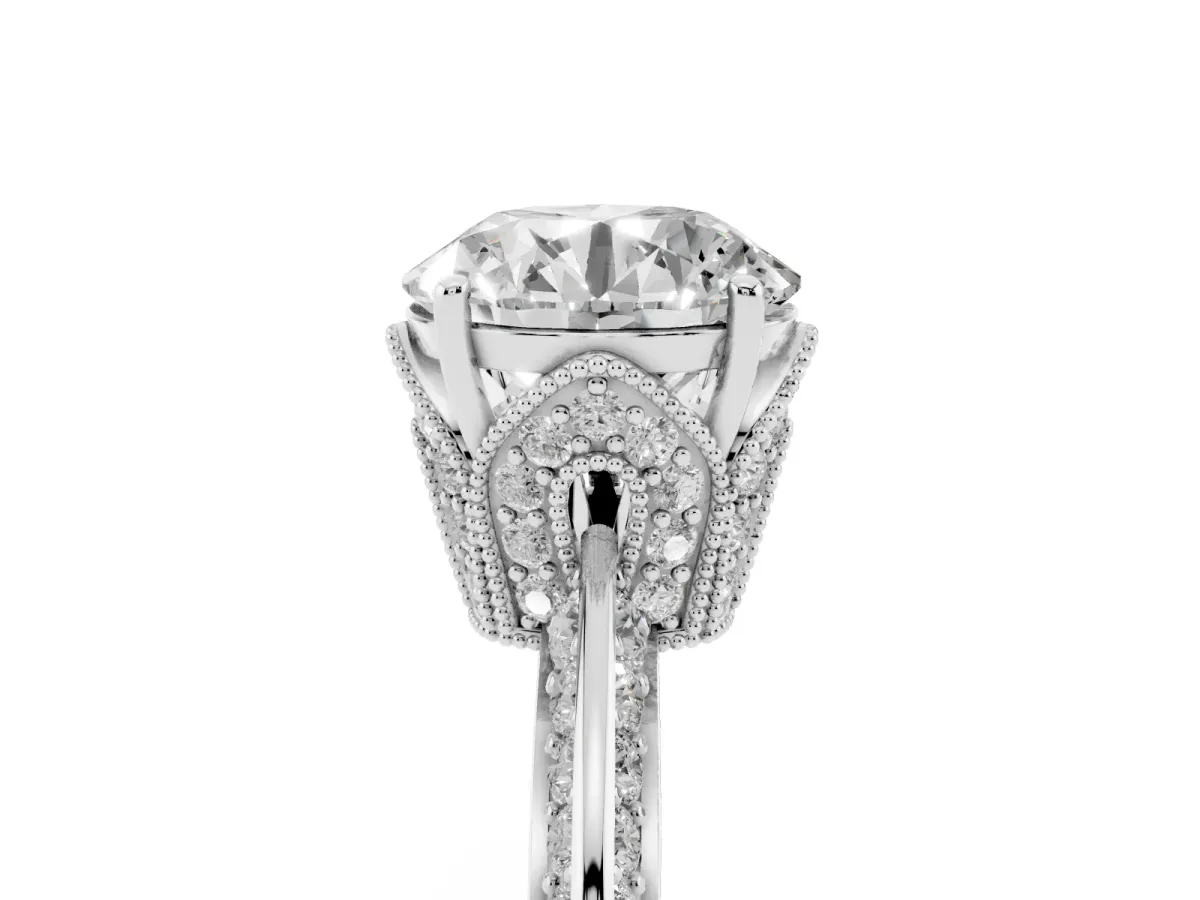 Round Cut Solitaire Split Shank Pave Diamond Engagement Ring with Four-Prong Setting Silver