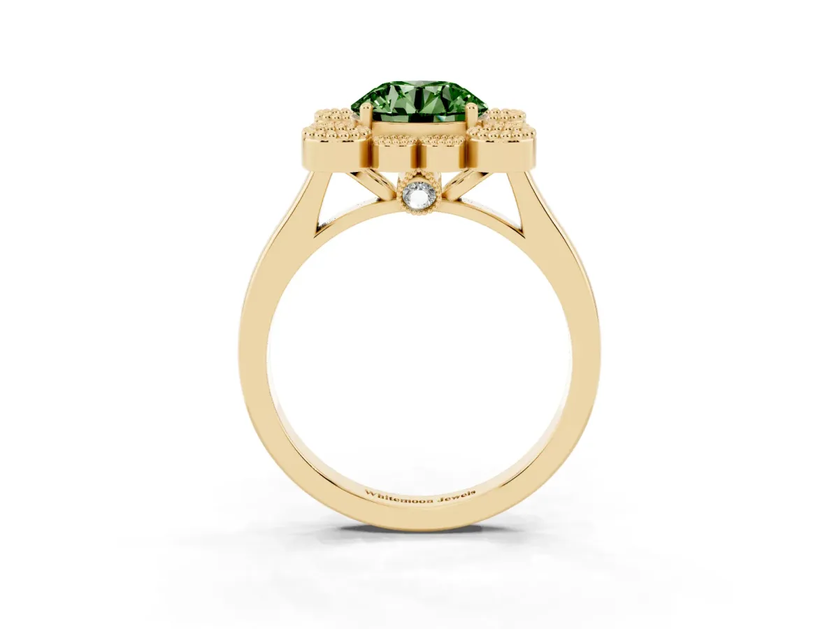 Fancy Green Round Cut Halo Diamond Cluster Engagement Ring with Milgrain Bezel Setting and Solitaire Band Yellow gold