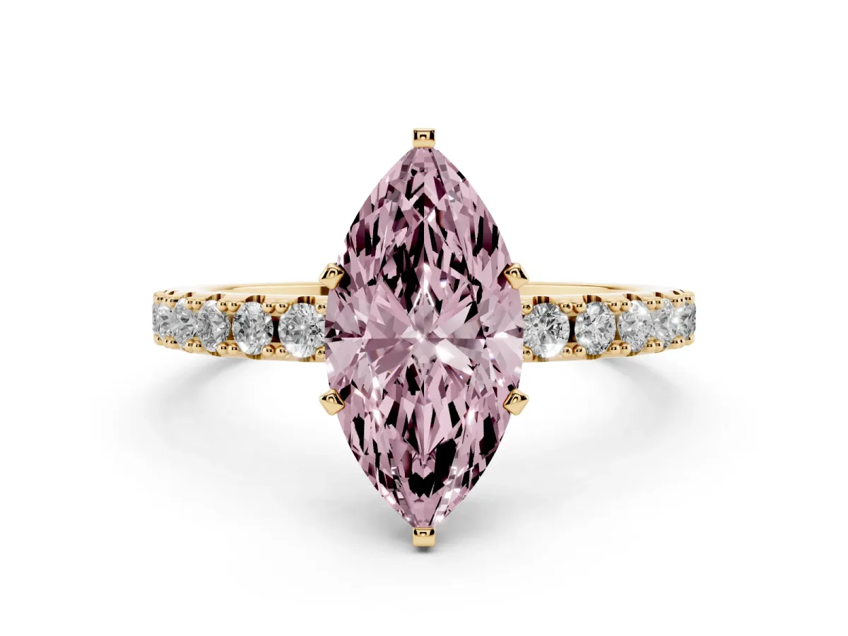 Fancy Pink Marquise Cut Diamond Solitaire Pavé Band with Four-Prong Setting Yellow gold