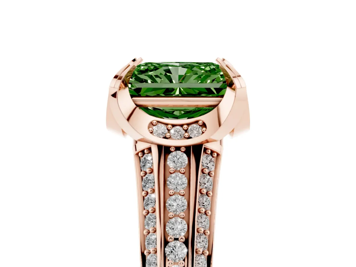 Fancy Green Radiant Cut Solitaire Pave Split Shank Ring with Four-Prong Setting Rose gold