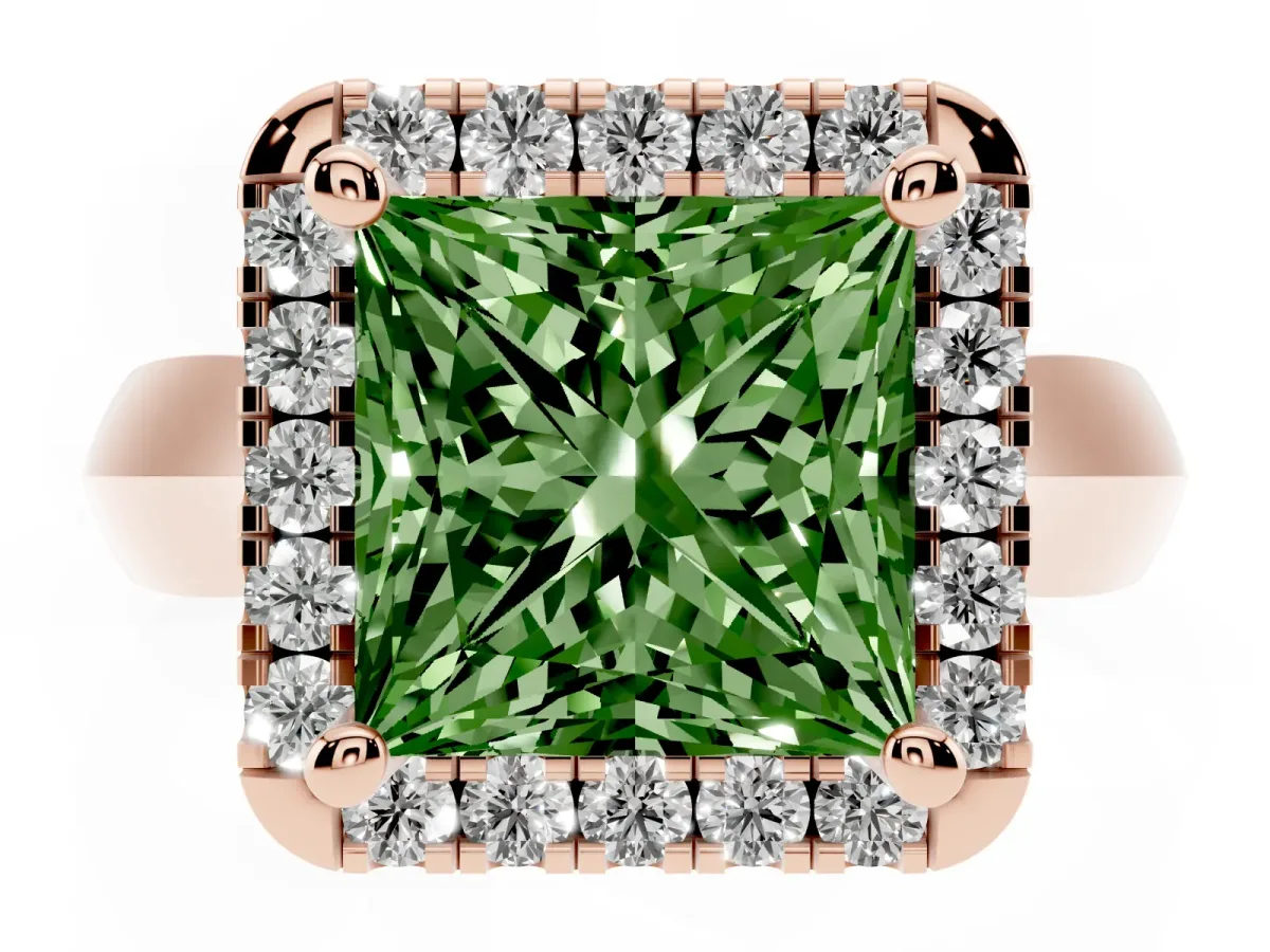 Fancy Green Princess Cut Cut Halo Solitaire Engagement Ring with Square Band and Four-Prong Setting Rose gold