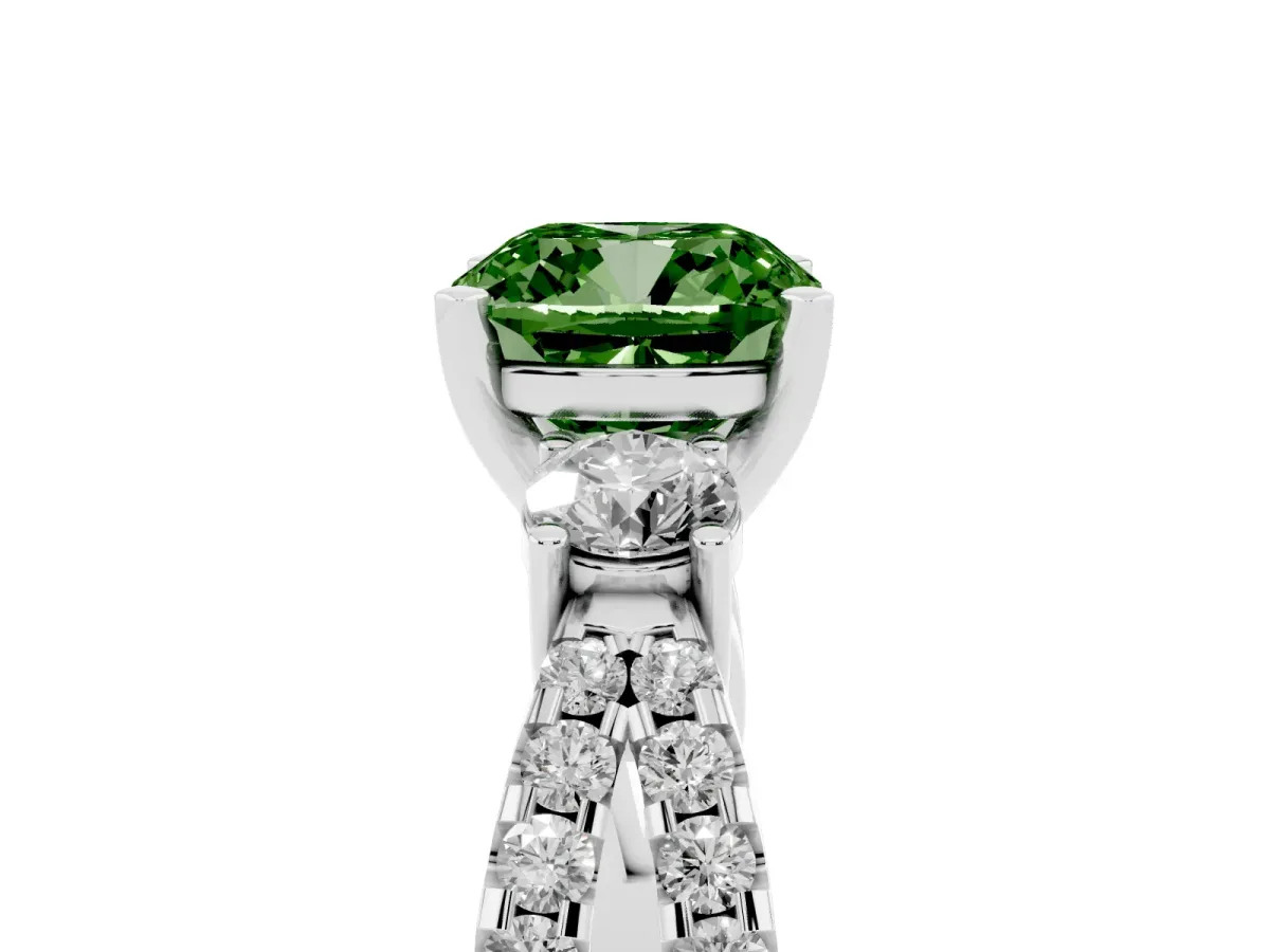 Fancy Green Cushion Cut Diamond Three-Stone Ring with Pavé Split Shank and Four-Prong Setting Platinum