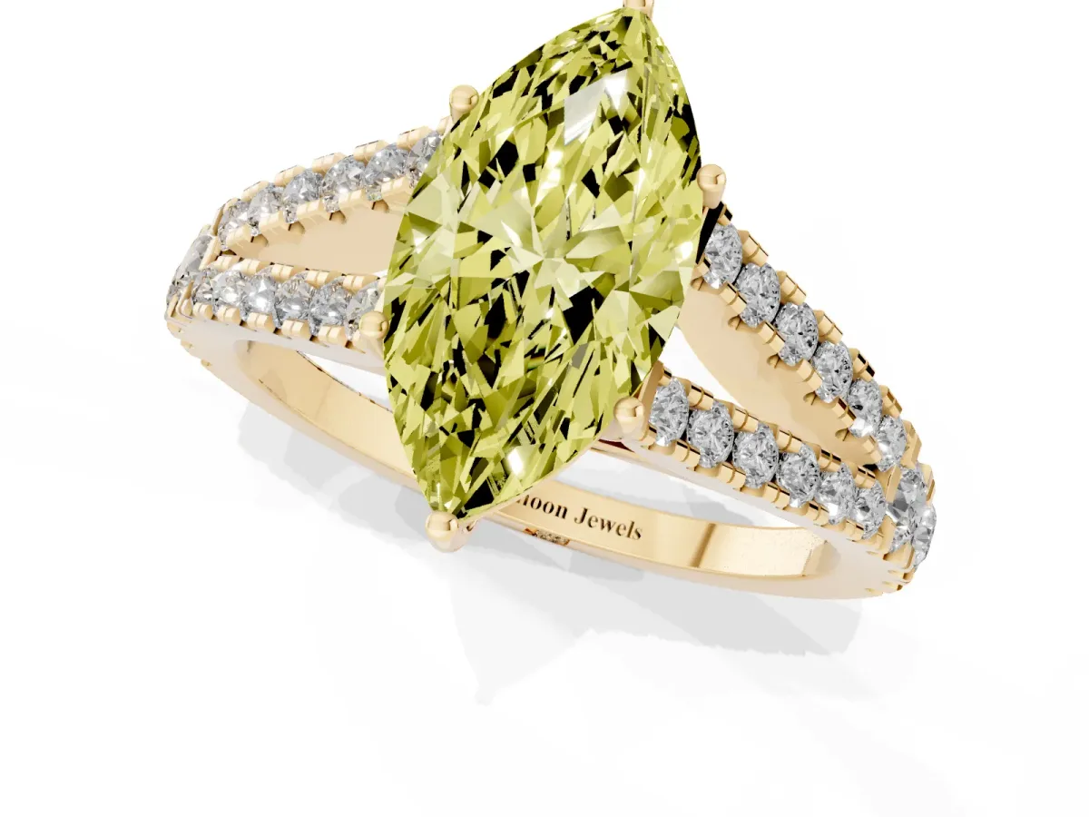 Fancy Yellow Marquise Cut Diamond Split Shank Pavé Engagement Ring with Four-Prong Setting Yellow gold