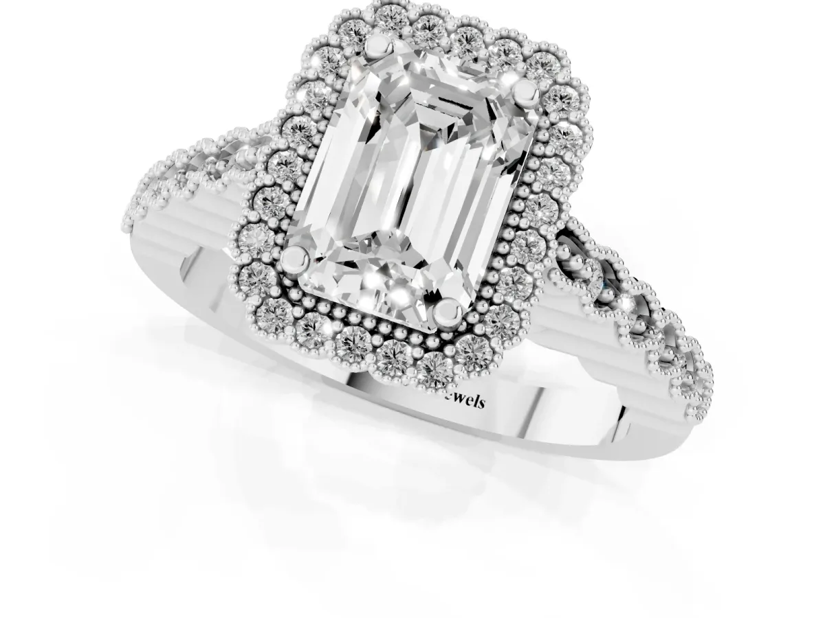 Emerald Cut Cut Halo Pavé Solitaire Ring with Milgrain Band Platinum