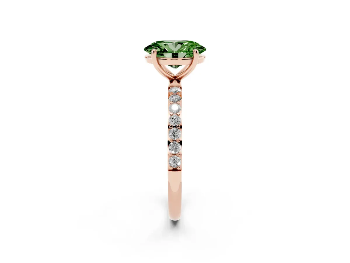 Fancy Green Oval Cut Diamond Solitaire Ring with Round Pavé Shoulders and Prong Setting Rose gold