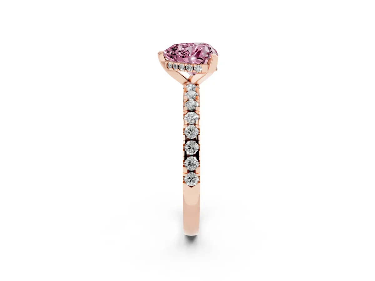Fancy Pink Heart Cut Diamond Solitaire Ring with Round Pavé Band and Four-Prong Setting Rose gold