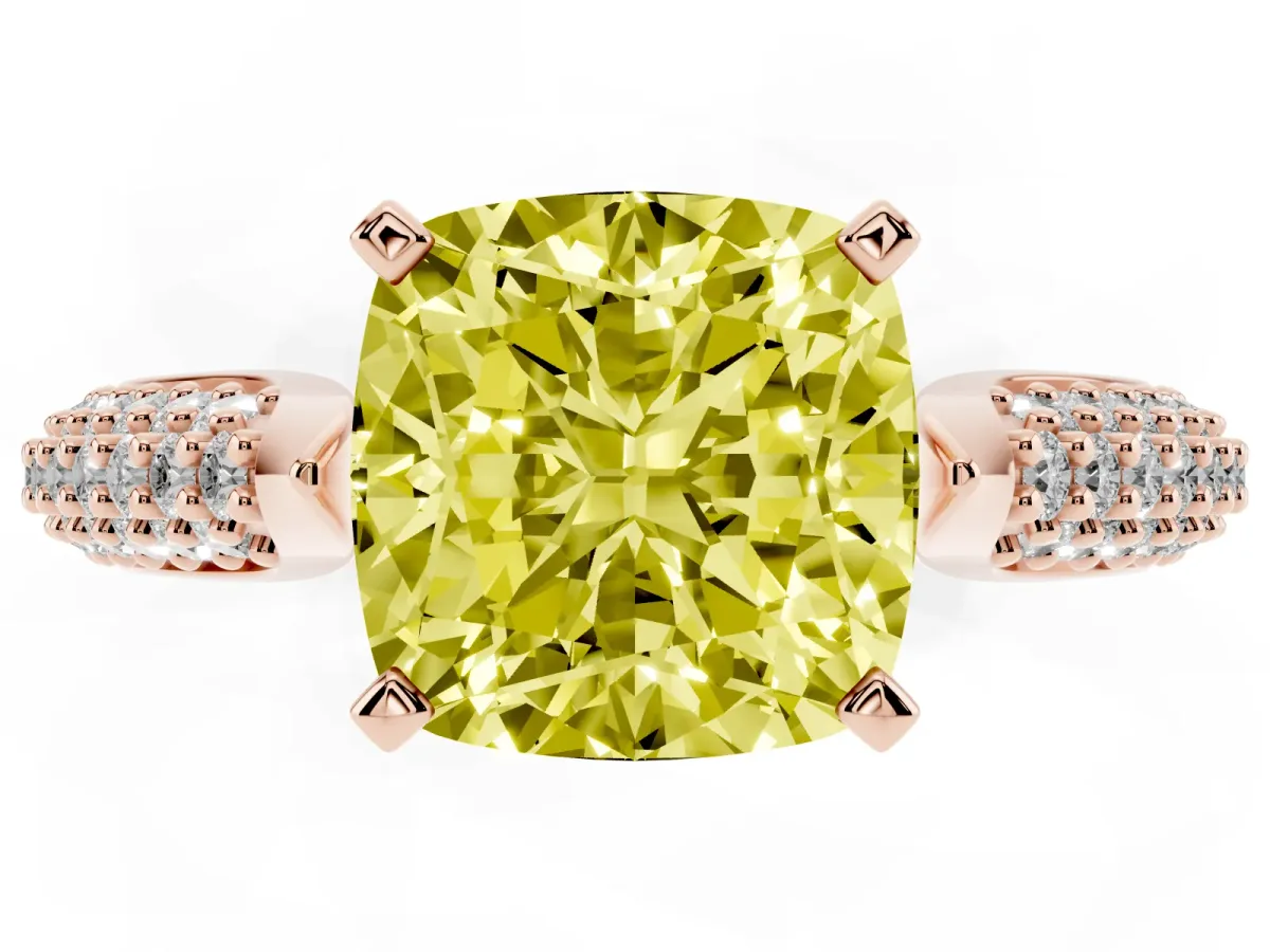 Fancy Yellow Cushion Cut Diamond Solitaire Engagement Ring with Multi-Row Round Pavé Band and Prong Setting Rose gold