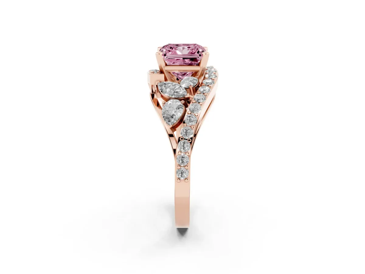 Fancy Pink Princess Cut Diamond Halo Ring with Marquise and Pavé Band in Prong Setting Rose gold
