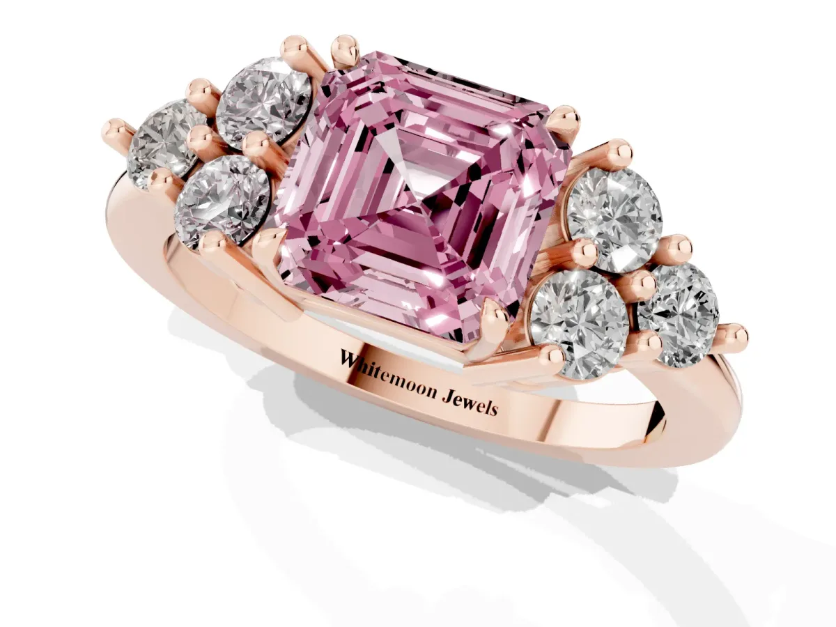Fancy Pink Asscher Cut Brilliant Diamond Cluster Accent Solitaire Ring with Prong Setting Rose gold