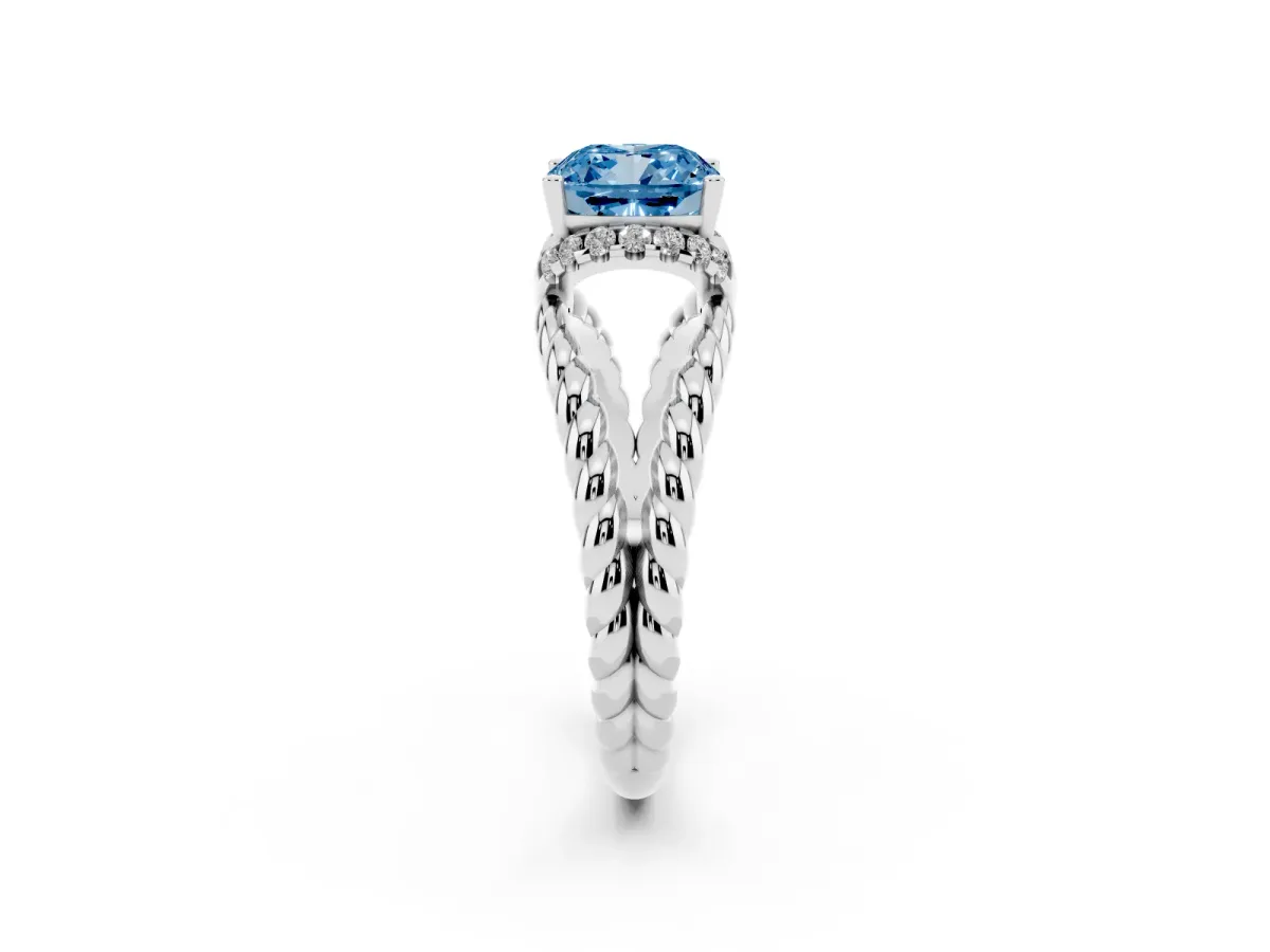 Fancy Blue Cushion Cut Halo Twisted Band Four-Prong Ring Silver