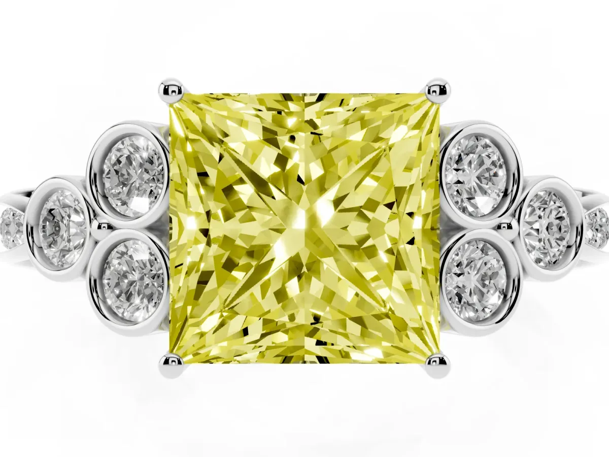 Fancy Yellow Princess Cut Cut Diamond Engagement Ring with Bezel Set Round Side Stones and Prong Setting Silver
