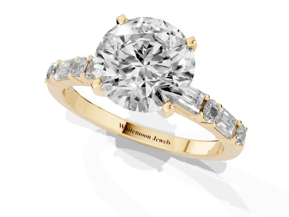 Round Cut Diamond Solitaire with Side Baguettes and Channel Set Band Yellow gold