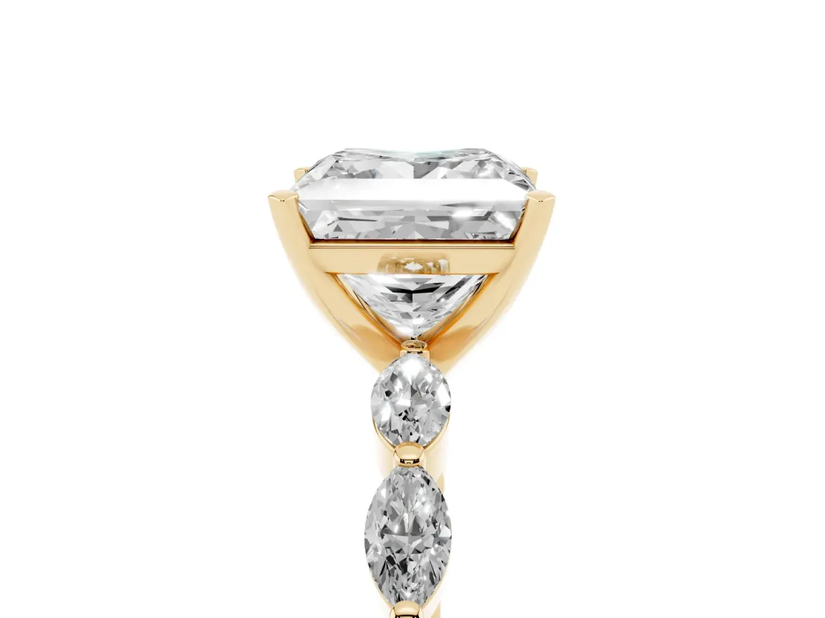 Princess Cut Diamond Ring with Marquise Side Stones and Prong Setting Yellow gold