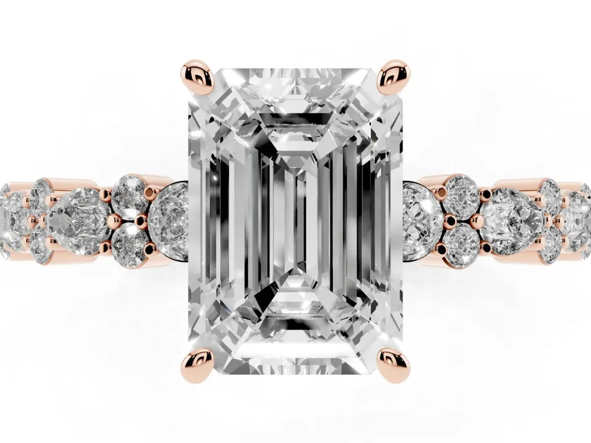 Emerald Cut Diamond Side Stone Solitaire Ring with Round and Four-Prong Setting Rose gold