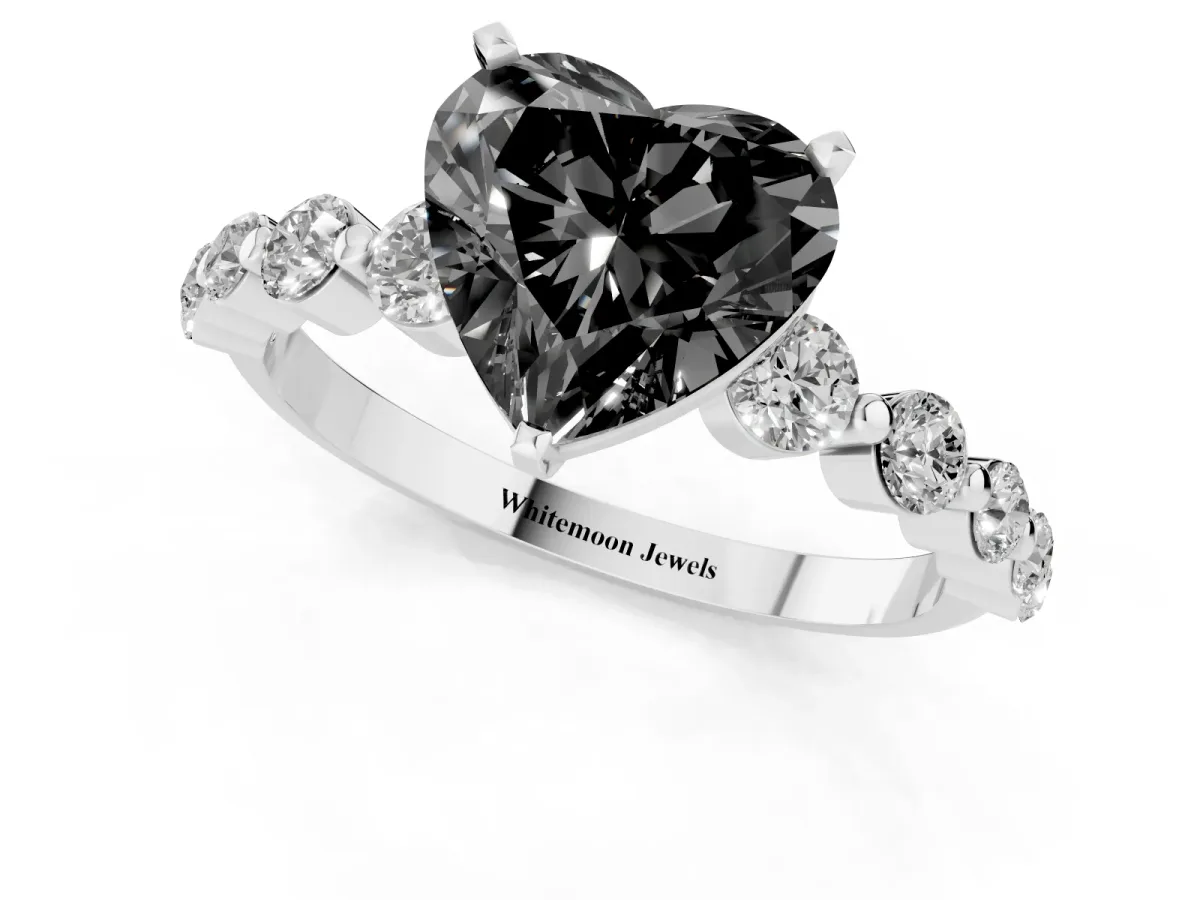 Fancy Black Heart Cut Solitaire Diamond Ring with Pave Band and Four-Prong Setting Silver