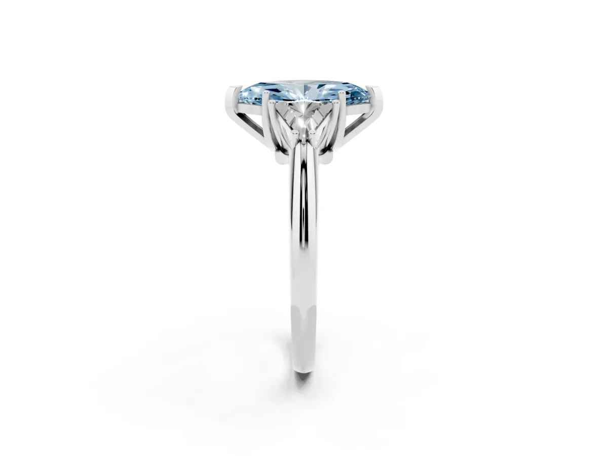 Fancy Blue Three-Stone Marquise Cut Diamond Engagement Ring with Trillion Side Stones and Prong Setting Silver