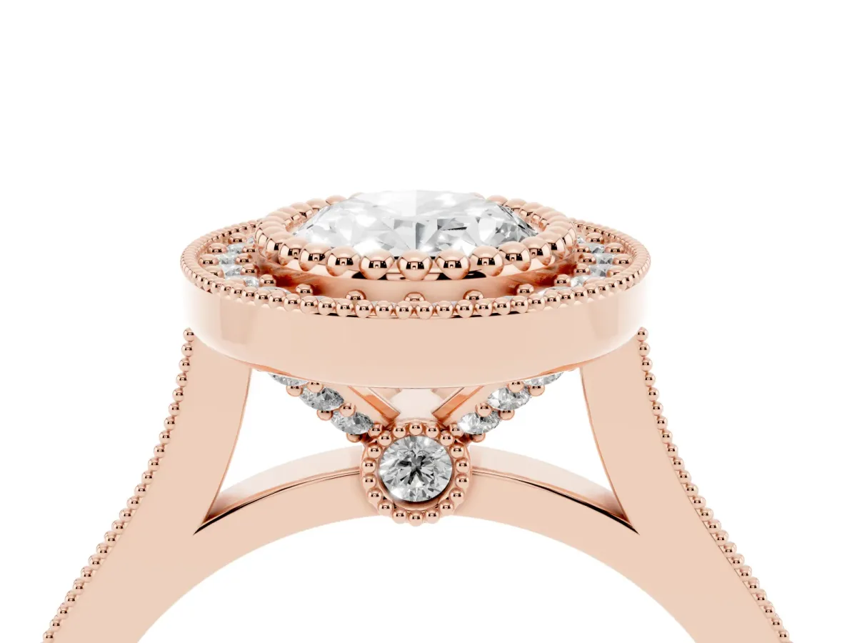 Oval Cut Diamond Halo Ring with Milgrain Frame and Pavé Band Rose gold