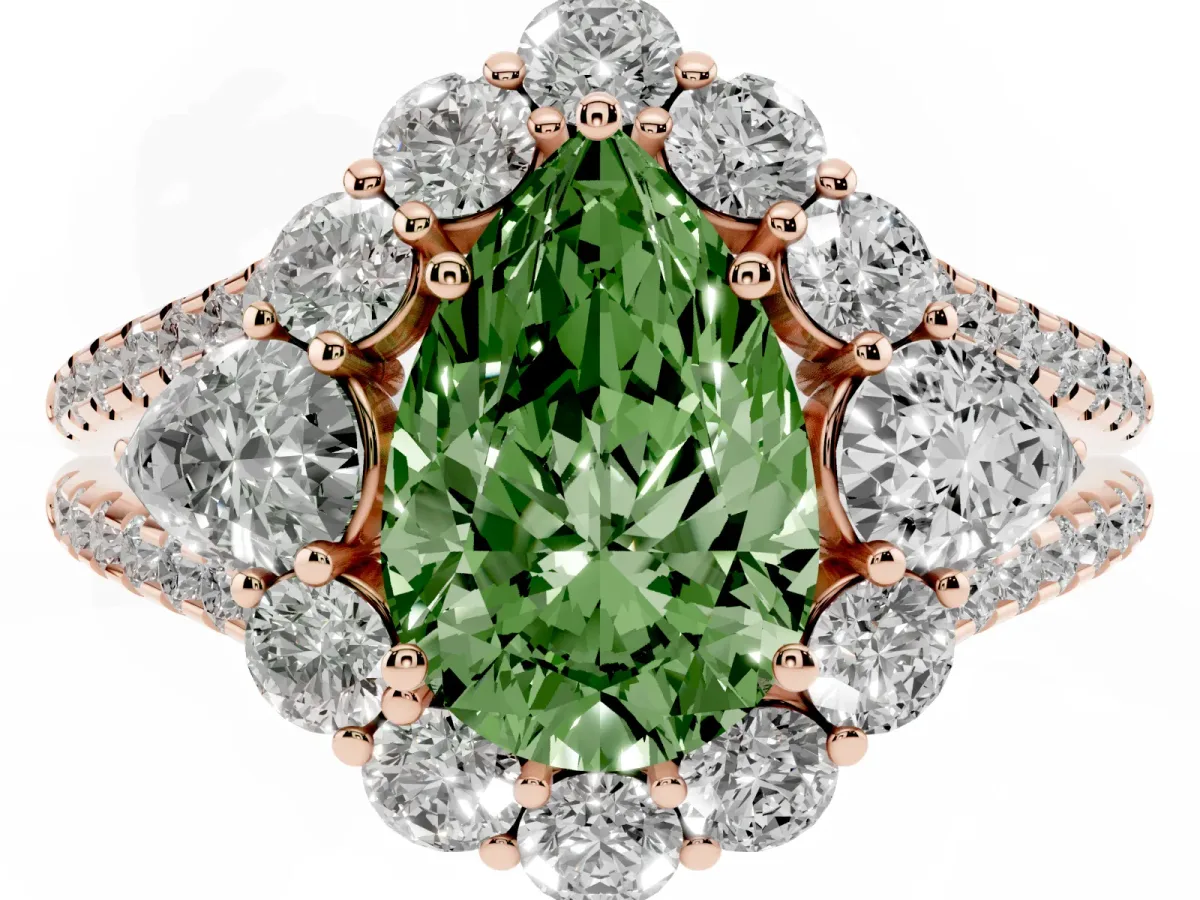 Fancy Green Pear Cut Halo Split Shank Diamond Engagement Ring with Prong Setting Rose gold