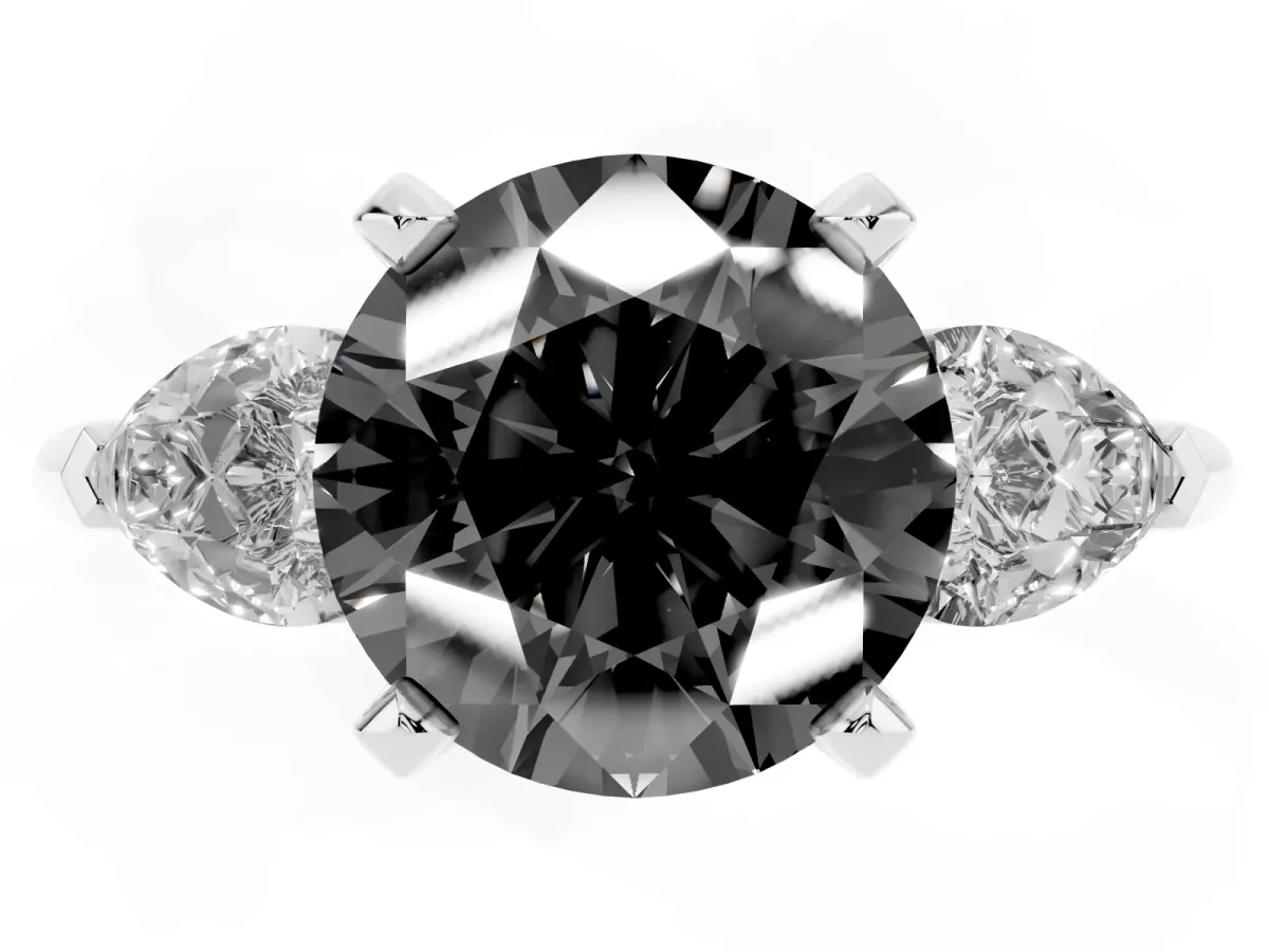 Fancy Black Three-Stone Round Cut Diamond Ring with Pear Side Stones and Four-Prong Setting Silver