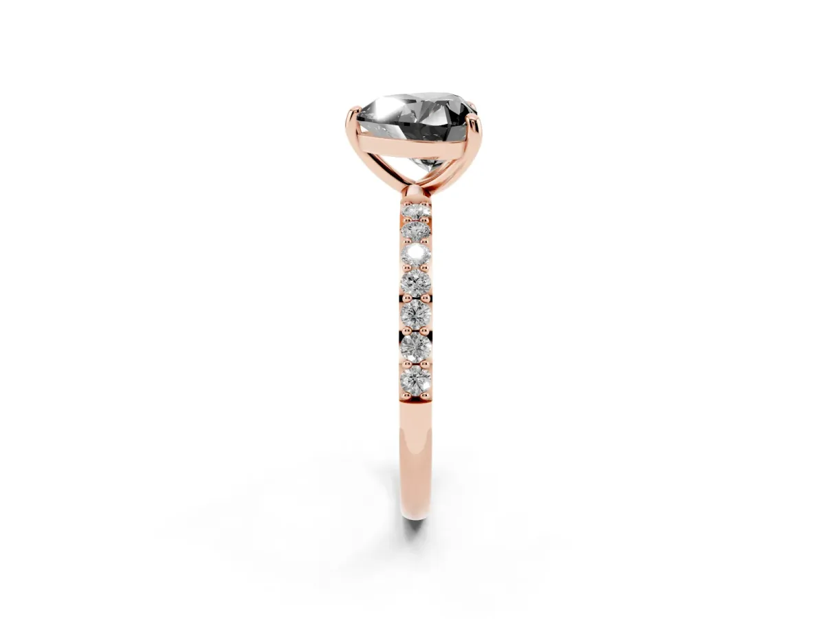 Fancy Black Heart Cut Diamond Solitaire Ring with Round Pavé Band and Prong Setting Rose gold
