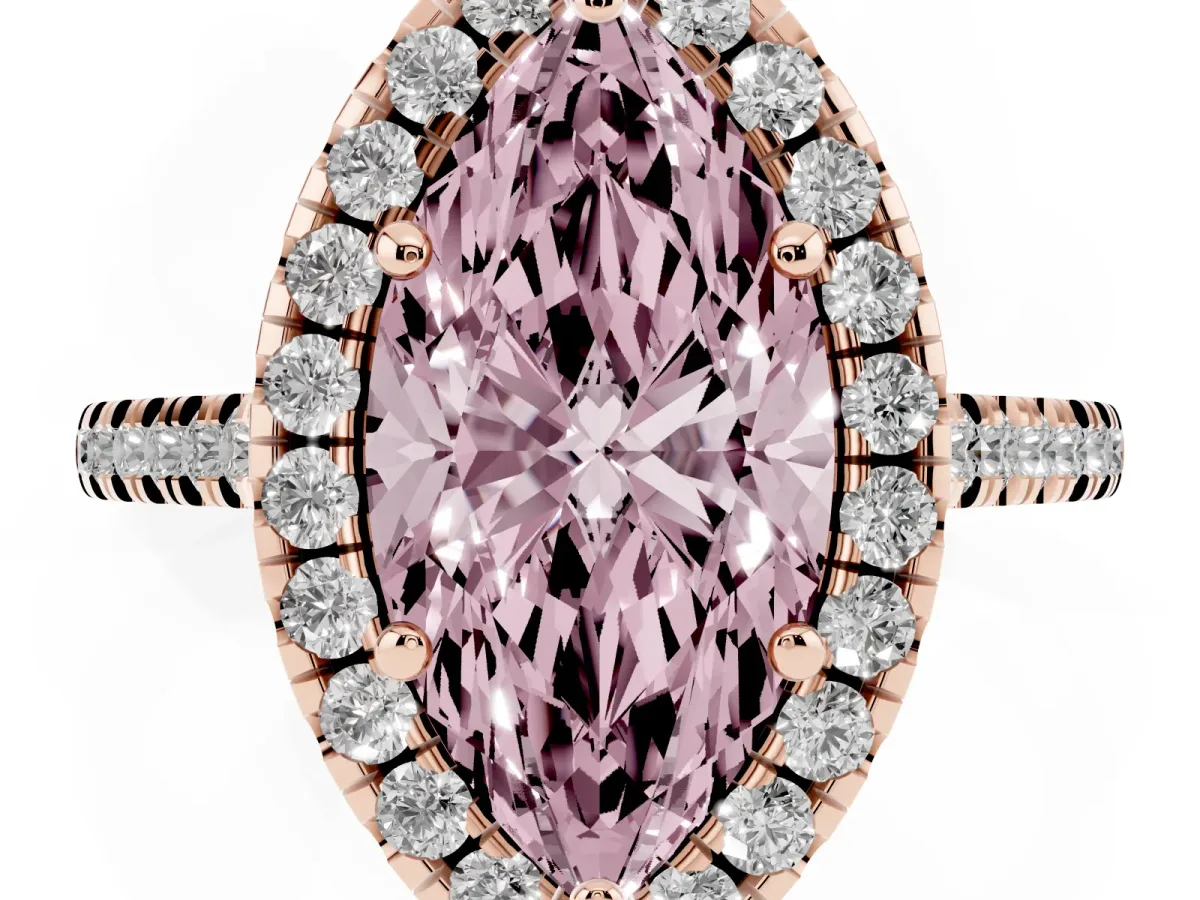 Fancy Pink Marquise Cut Diamond Cushion Halo Ring with Pavé Band Rose gold