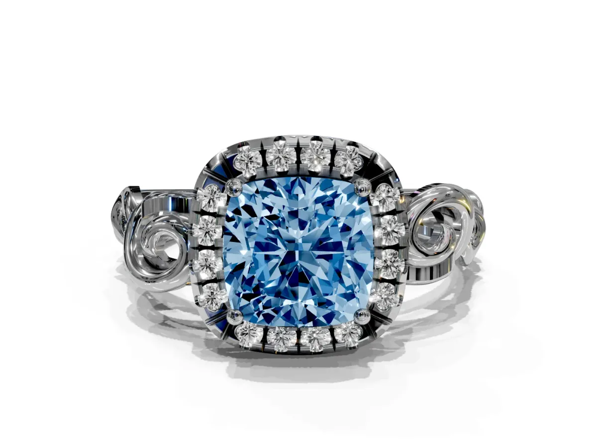 Fancy Blue Cushion Cut Cut Halo Diamond Ring with Scrollwork Band and Four-Prong Setting Silver