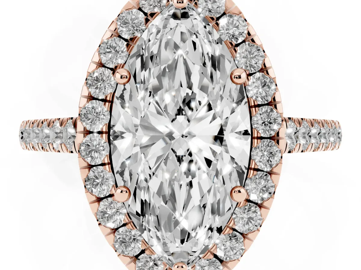 Marquise Cut Halo Pave Diamond Engagement Ring with Four-Prong Setting Rose gold