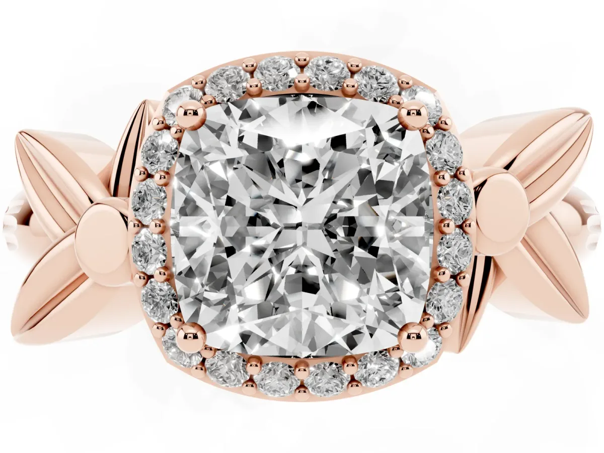 Cushion Cut Halo Diamond Floral Band with Four-Prong Setting Rose gold