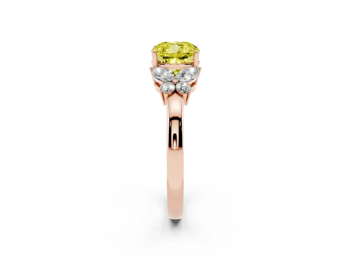 Fancy Yellow Cushion Cut Cut Solitaire Floral Diamond Ring with Four-Prong Setting Rose gold