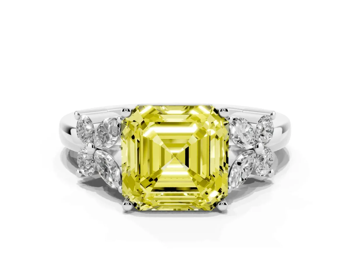 Fancy Yellow Asscher Cut Diamond Floral Cluster Ring with Solitaire Band and Prong Setting White gold