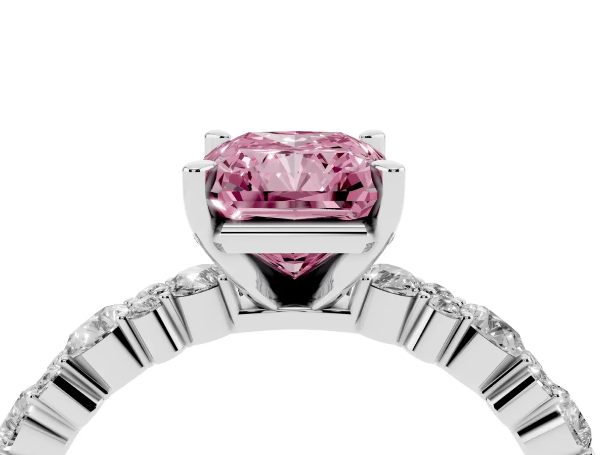Fancy Pink Radiant Cut Diamond Side Stone Solitaire Ring with Round and Four-Prong Setting Silver