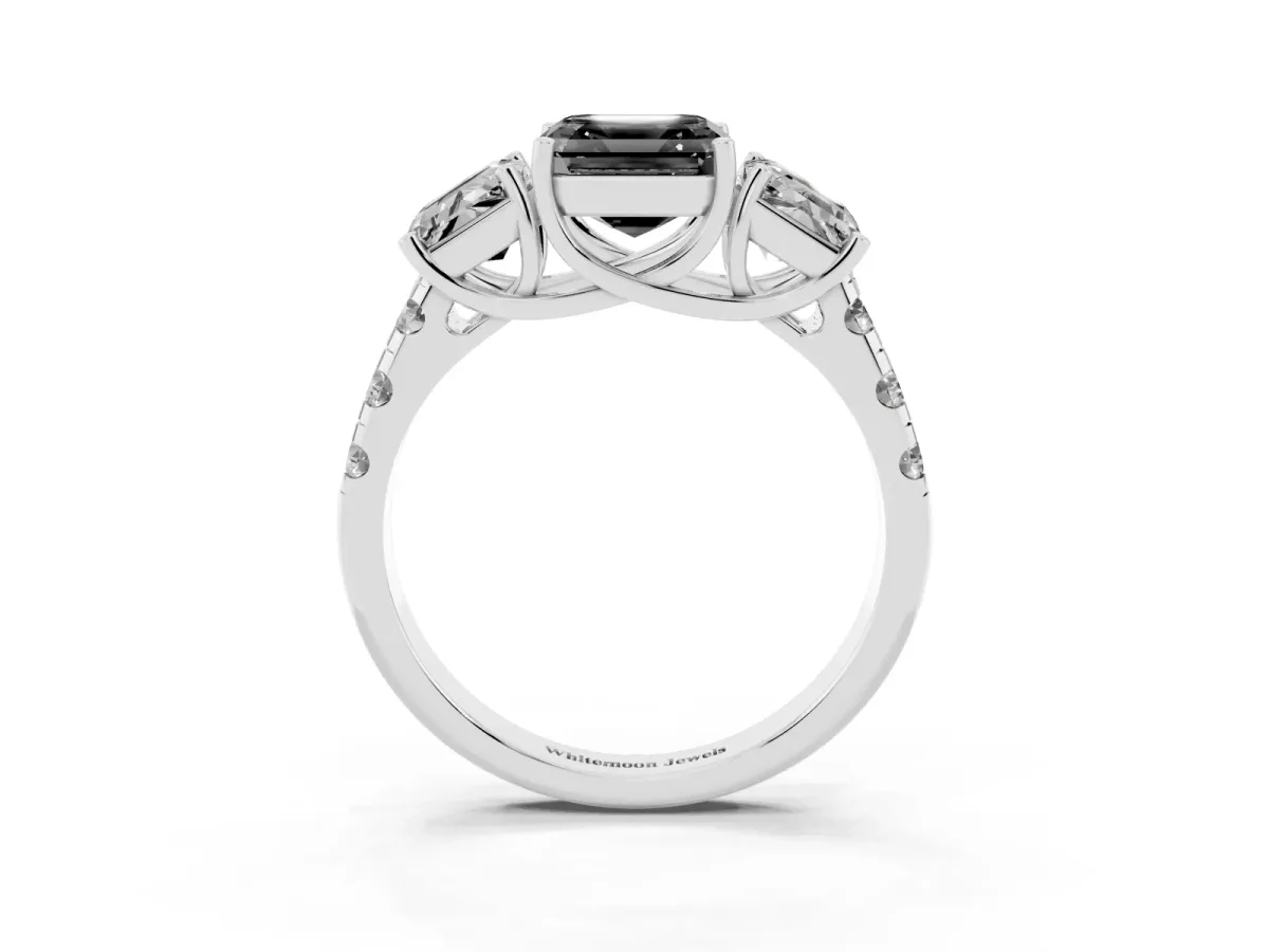 Fancy Black Three-Stone Asscher Cut Diamond Pavé Band with Prong Setting Platinum