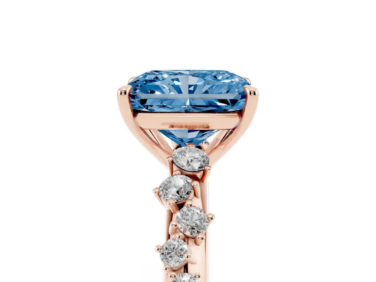 Fancy Blue Radiant Cut Diamond Cluster Side Stone Solitaire Ring with Prong Setting Rose gold