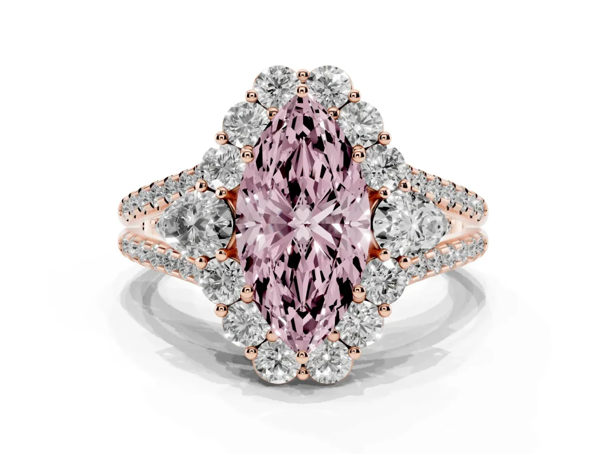 Fancy Pink Marquise Cut Halo Split Shank Diamond Engagement Ring with Prong Setting Rose gold