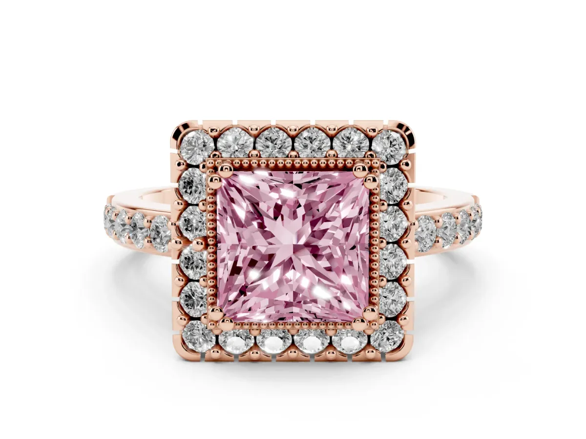 Fancy Pink Princess Cut Diamond Halo Ring with Pavé Band and Prong Setting Rose gold