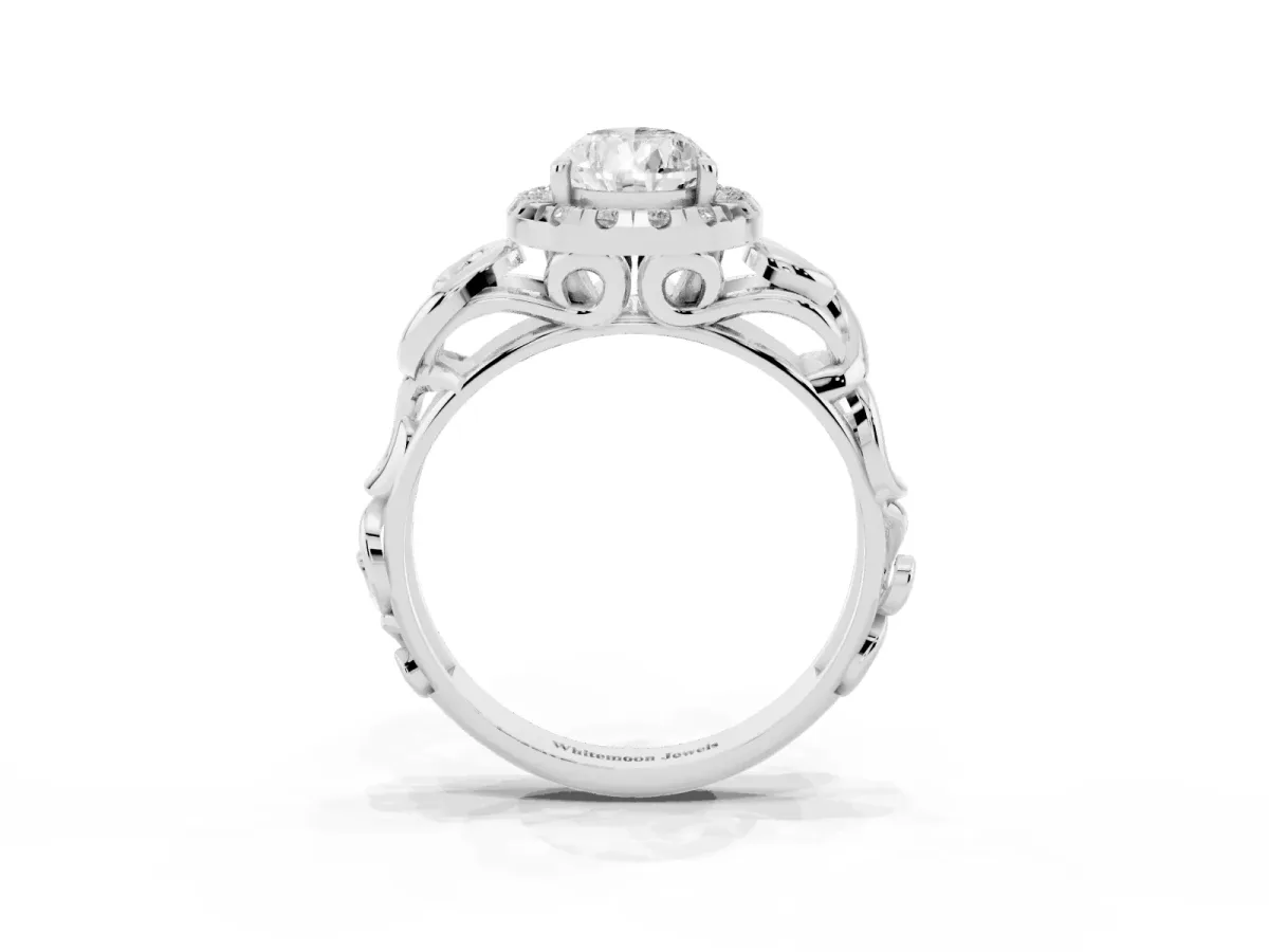 Pear Cut Cut Halo Diamond Ring with Scrollwork Band and Four-Prong Setting Silver