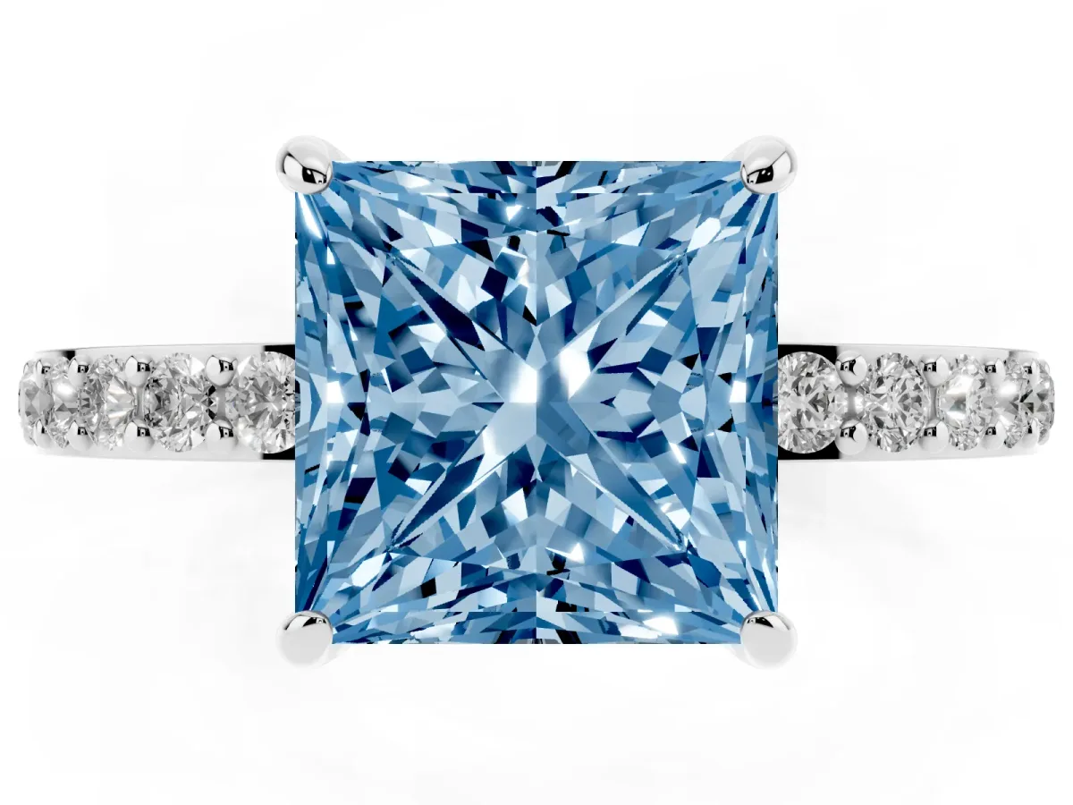 Fancy Blue Princess Cut Diamond Pavé Engagement Ring with Round Accents and Prong Setting Platinum