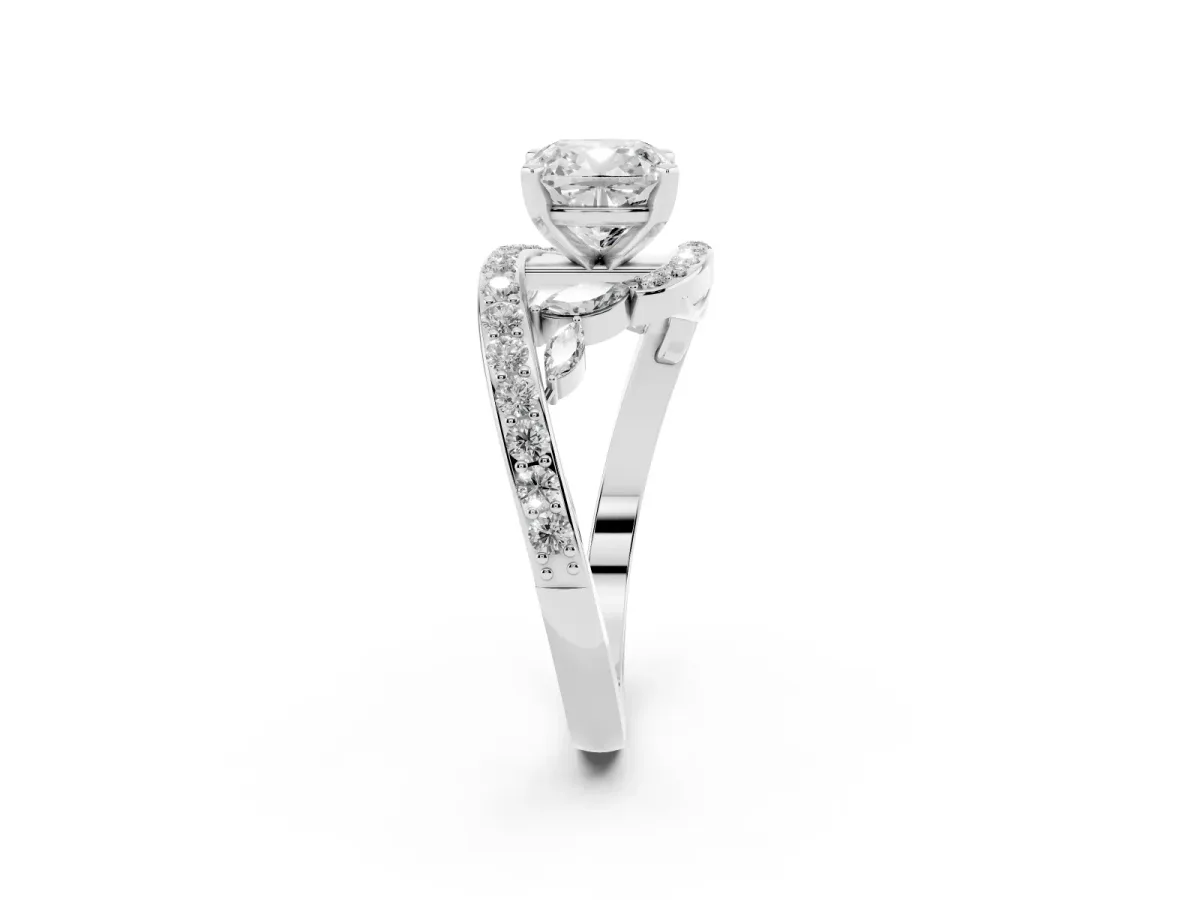 Cushion Cut Diamond Solitaire Ring with Filigree Band and Four-Prong Setting Silver