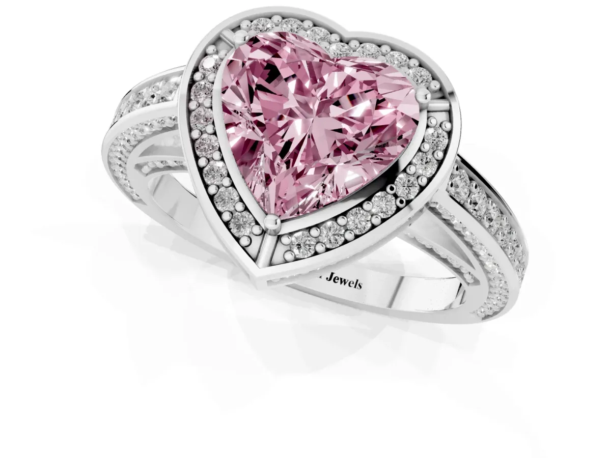 Fancy Pink Heart Cut Cut Halo Pave Split Shank Prong Setting Ring Silver