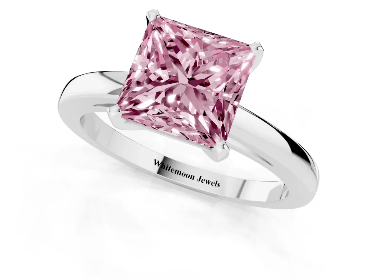 Fancy Pink Princess Cut Solitaire Diamond Engagement Ring with Four-Prong Setting on a Classic Band Silver
