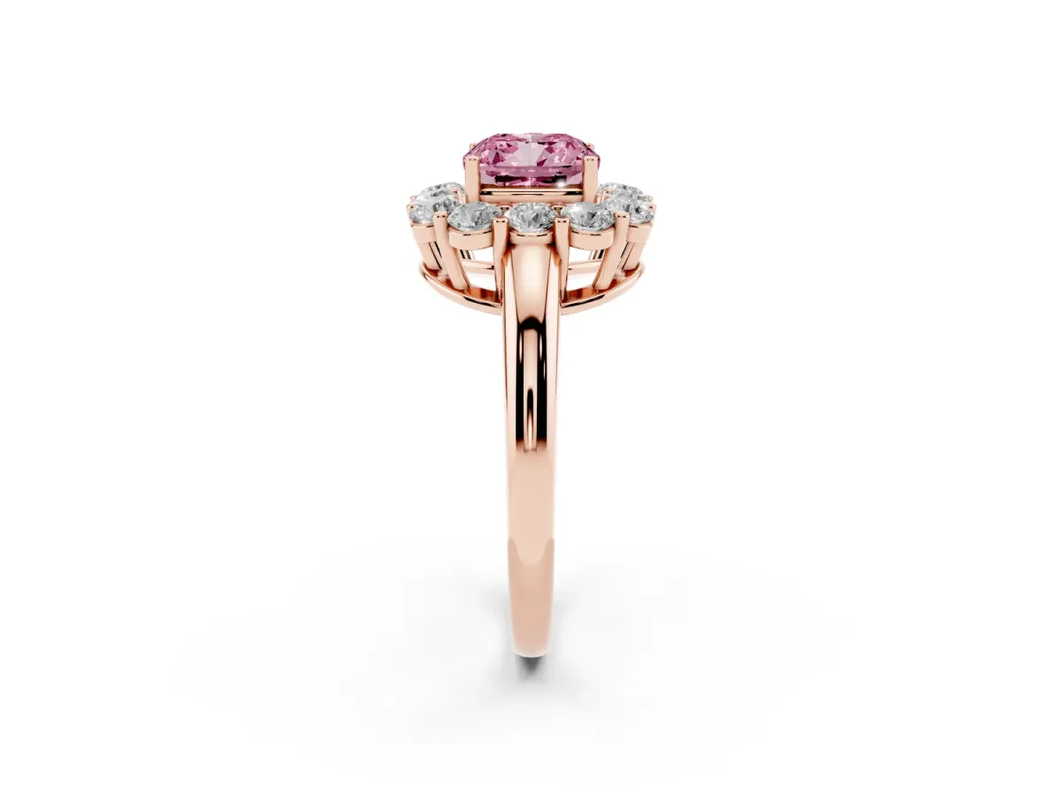Fancy Pink Cushion Cut Halo Cluster Diamond Engagement Ring with Prong Setting and Polished Band Rose gold