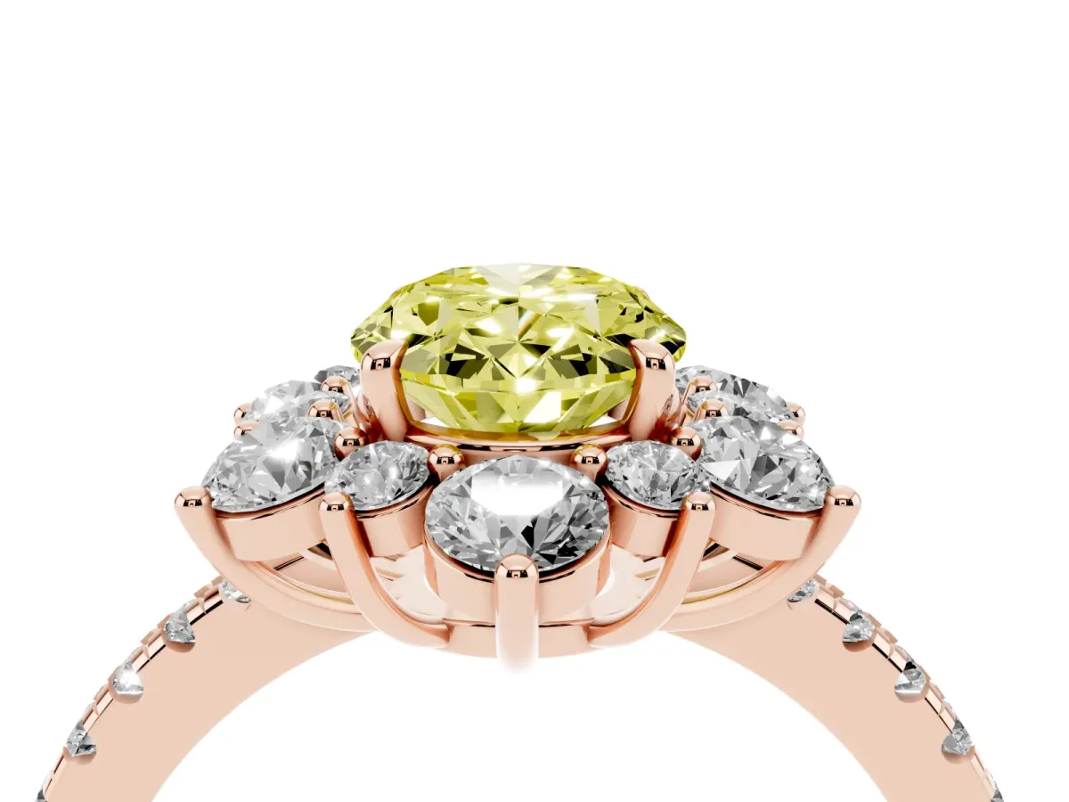 Fancy Yellow Oval Cut Diamond Floral Halo Ring with Round Pavé Band and Prong Setting Rose gold