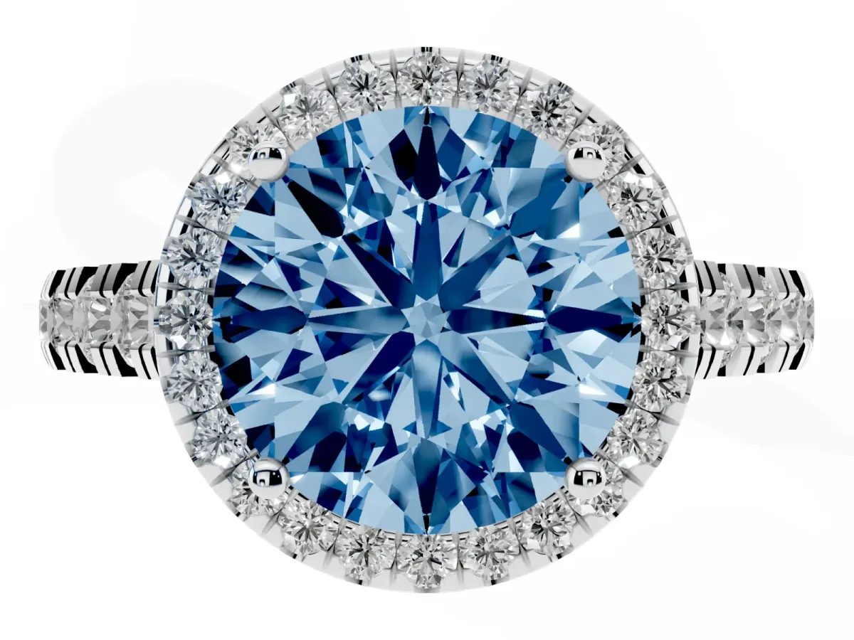Fancy Blue Round Cut Halo Pavé Diamond Engagement Ring with Four-Prong Setting Silver