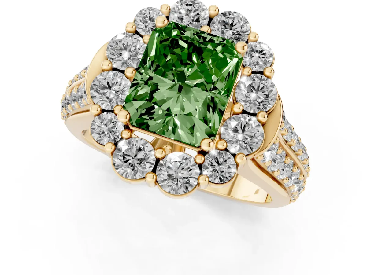 Fancy Green Radiant Cut Halo Diamond Engagement Ring with Split Shank and Prong Setting Yellow gold