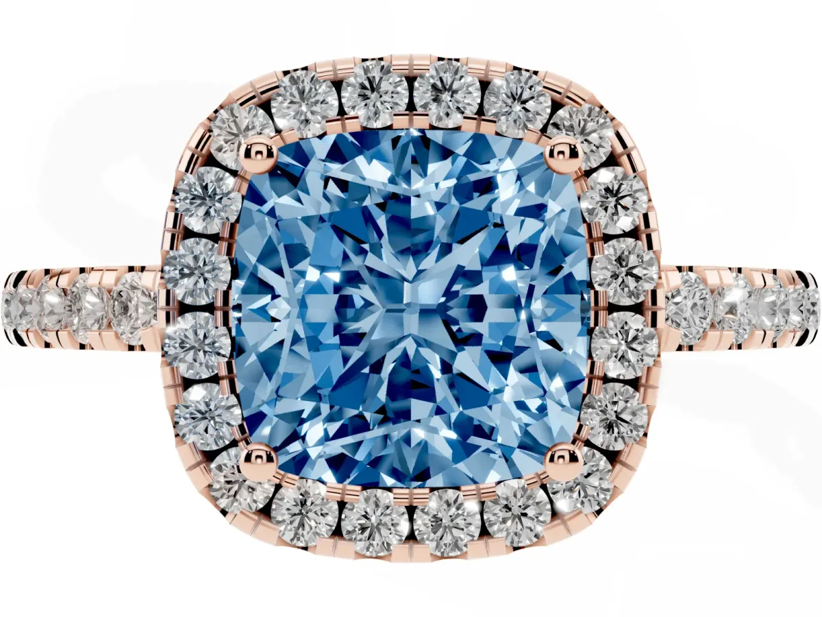 Fancy Blue Cushion Cut Halo Diamond Engagement Ring with Pavé Band and Four-Prong Setting Rose gold