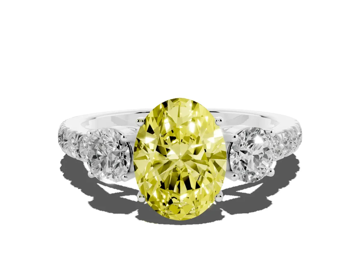 Fancy Yellow Oval Cut Cut Diamond Three-Stone Ring with Round Side Stones and Pavé Band Silver