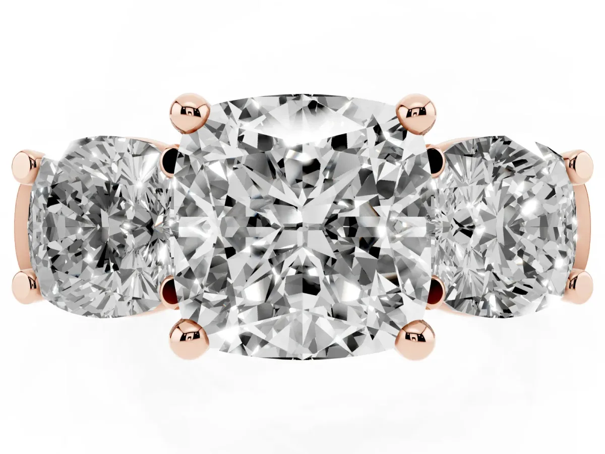 Three-Stone Cushion Cut Brilliant Diamond Trellis Ring with Comfort Fit Band Rose gold
