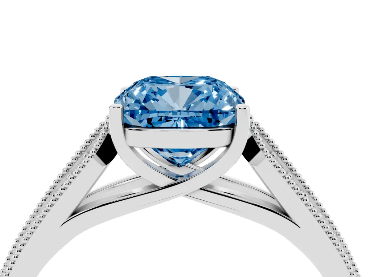 Fancy Blue Cushion Cut Cut Pave Split Shank Engagement Ring with Four-Prong Setting White gold
